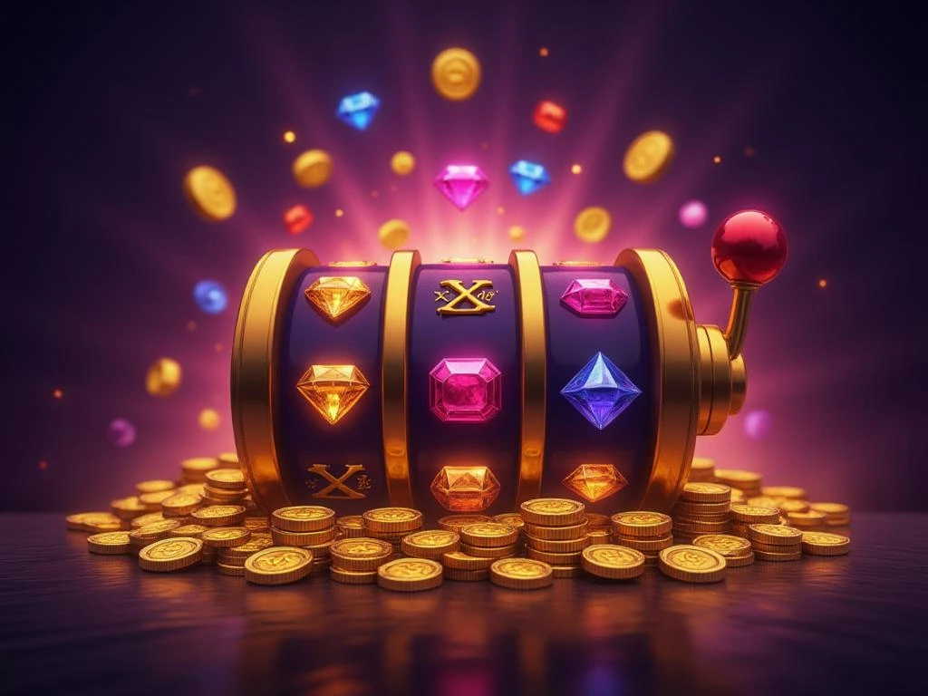 Imagem do slot Fortune Gems 2 com pedras preciosas brilhantes, multiplicadores dourados e rolos de caça-níquel em fundo roxo luxuoso.